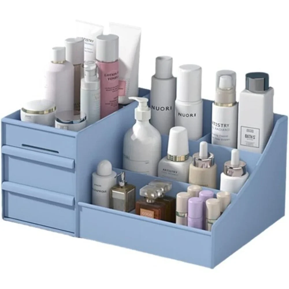 New Blue Makeup Desk Organizer, Countertop Drawer Storage for Vanity & Cosmetics